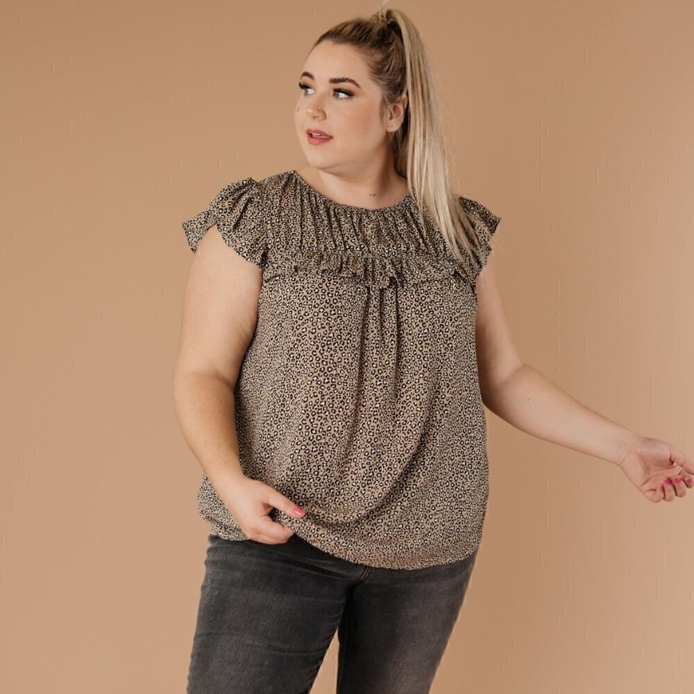 Ces Femme Leopard Print Blouse w/ Ruffle Detail